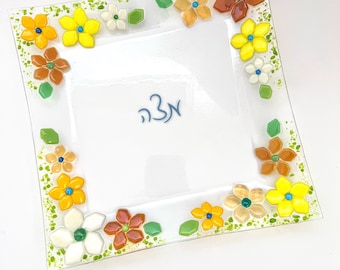 Passover Matzah tray - Jewish wedding gift - modern fused glass art - unique decorative Passover centerpiece - Judaica made in Israel