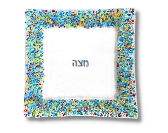 Matzah plate for Passover - Jewish wedding gift - Passover holiday gift  - rainbow fused glass Seder tray - Judaica handmade in Israel