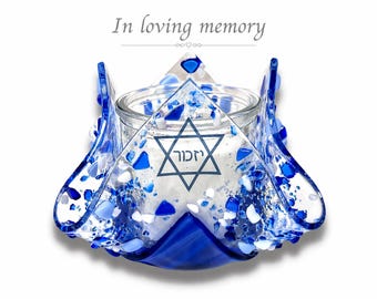 Blue Star of David Fused Glass Yahrzeit Candle Holder – Jewish Memorial Remembrance Tribute - Sympathy Gift