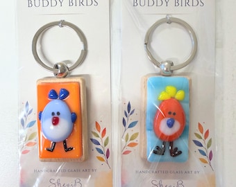 Buddy Birds Set of 5, Handmade Fused Glass Bird Keychains, Thinking of You Gifts, Teacher Appreciation, Party Favors