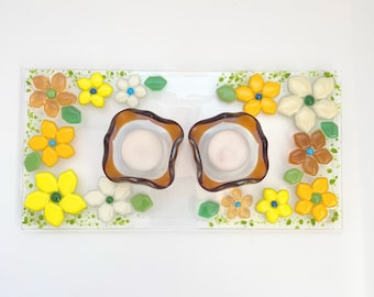 Shabbat candlestick tray with matching candle holders - yellow flowers - Jewish wedding / engagement gift - modern Judaica made in Israel