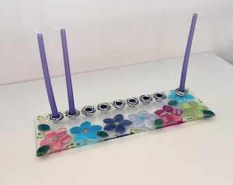 Hanukka menorah - floral fused glass menorah - Bar/Bat Mitzvah gift - modern Judaica made in Israel - Jewish wedding gift