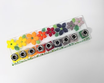 Hanukka menorah - Rainbow fused glass menorah - floral Hanukkia - Bar/Bat Mitzvah gift - modern Judaica made in Israel - Jewish wedding gift