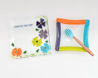 Rosh Hashanah apple and honey dish set - Jewish New Year gift - modern Judaica made in Israel - festive holiday decor