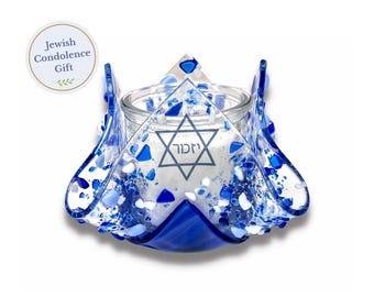 Yizkor Yahrzeit Candle Holder, Yom Kippur Jewish Memorial, Blue Star of David Fused Glass