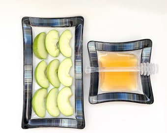 Rosh Hashana Apple and Honey 3 piece serving set - Fused glass matching tray and bowl - Jewish High holiday gift - Made in Israel - Judaica