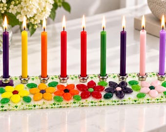 Rainbow Floral Fused Glass Menorah | Modern Judaica, Handmade in Israel