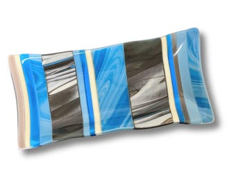 Handmade Fused Glass Platter - Ocean Inspired Blue & Brown Striped Design - Coastal design Serving Tray - Handmade in Israel - Hostess Gift