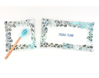 Rosh Hashanah Judaica Gift | Handmade Mosaic Plate, Bowl & Honey Dipper | Shanah Tovah Decor | Jewish New Year gift | Apple and Honey Dish