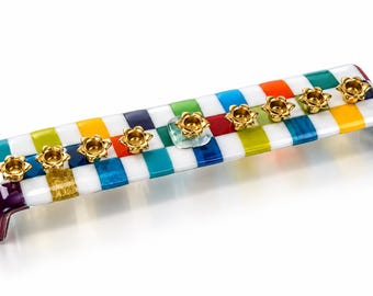 Modern Fused Glass Menorah, Colorful Checkerboard Hanukkah Menorah, Rainbow Judaica Gift