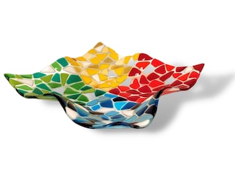 Rainbow Fused glass wavy bowl - funky mosaic glass fruit bowl - rainbow holiday gift - decorative centerpiece - home decor - made in Israel