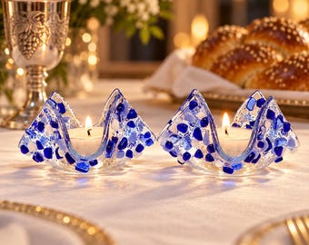 Blue Fused Glass Shabbat candle holders - Bat Mitzvah gift - Judaica Made in Israel - Handmade Jewish Gift