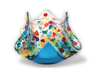 Rainbow Fused Glass Yahrzeit Candle Holder - Jewish Memorial & Shiva Gift