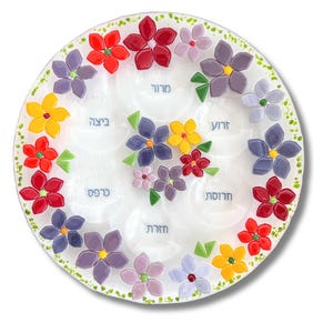 Seder plate for Passover - Fused glass spring floral Passover decor - Jewish wedding gift - unique decorative tray for Pesach