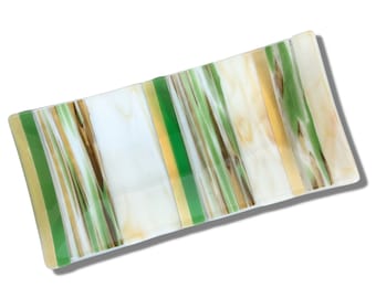 Fused glass platter - striped green and gold color tray - coffee table centerpiece - hostess gift - challa tray - Judaica - forest theme art