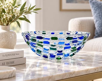 Handmade Fused Bowl – Blue Green Art Glass Centerpiece, Modern Decorative Gift
