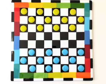 Checker board fused glass - rainbow checkerboard set - chess board - glass art coffee table game - office game - exclusive gift for him