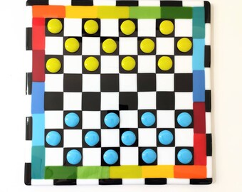 Checker board fused glass - rainbow checkerboard set - chess board - glass art coffee table game - board game - exclusive holiday gift