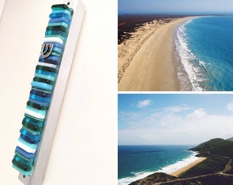 Fused glass mezuzah case - Jewish wedding gift - modern mezuzah cover ocean colors - Judaica made in Israel - Jewish home decor