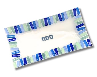 Passover Tray Fused Glass - Blue and White Pesach decor - Modern Judaica Serving Tray - Jewish Holiday Gift - Handmade in Israel