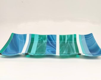 Fused glass platter with ocean colors - large blue & turquoise glass centerpiece - made in Israel - exclusive housewarming gift - home decor