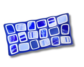 Royal blue retro fused glass platter - made in Israel - geometric pattern - engagement gift - hostess gift - challah tray - modern judaica