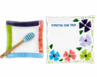 Rosh Hashanah apple and honey dish set - Jewish New Year gift - modern Judaica made in Israel - festive holiday decor