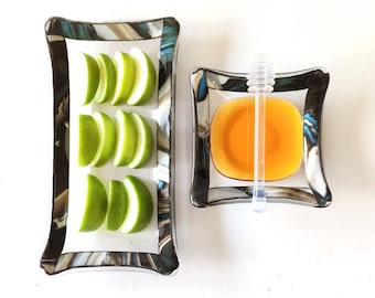 Rosh Hashana Apple and Honey 3 piece serving set - Fused glass matching tray and bowl - Jewish High holiday gift - Made in Israel - Judaica