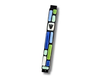 Mondrian Fused Glass Mezuzah Case, Colorful Jewish Door Decor, Handmade Judaica, Wedding Gift