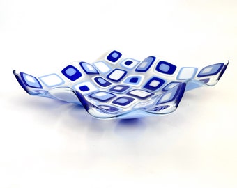 Wavy fruit bowl - modern art fused glass centerpiece - exclusive holiday gift - blue and white home decor - housewarming gift made in Israel