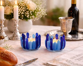Shabbat Candle Holder Set – Handmade Fused Glass Modern Judaica – Jewish Wedding Gift – Bat Mitzvah Gift – Made in Israel