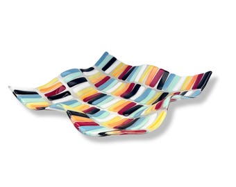 Colorful fused glass fruit bowl - wavy fused glass serving platter - modern art coffee table centerpiece - rainbow holiday gift