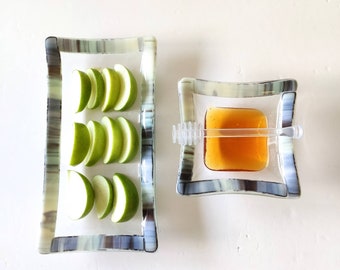 Rosh Hashana Apple and Honey 3 piece serving set - Fused glass matching tray and bowl - Jewish High holiday gift - Made in Israel - Judaica