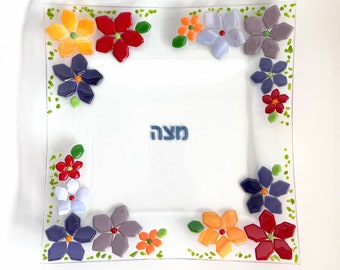 floral Passover Matzah tray - Jewish wedding gift - modern fused glass art - unique decorative Passover centerpiece - Judaica made in Israel