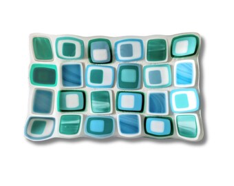 Rectangular fused glass platter - Ocean colors - made in Israel - retro pattern - centerpiece -  hostess gift - challa tray - judaica