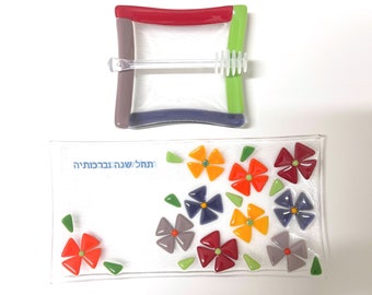 Rosh Hashanah tray and honey dish - apple and honey dish set - Jewish wedding gift - modern Judaica - made in Israel - festive holiday decor