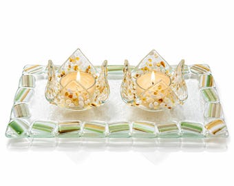 Fused Glass Shabbat Candlesticks with Tray – Modern Judaica Gift (Made in Israel)