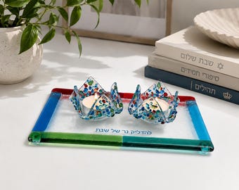 Rainbow Fused Glass Shabbat Candle Holder Set – Modern Judaica Tea Lights Handmade in Israel