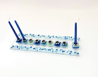 Hanukkah menorah from fused glass - unique modern Judaica - Bar/Bat mitzva gift - made in Israel - Jewish wedding gift - artistic menorah
