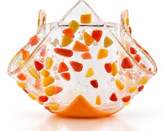 Orange Fused Glass Yahrzeit Candle Holder – Jewish Bereavement Gift, Handmade in Israel
