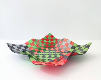 Fused Glass Wavy Bowl – Checkered Art Centerpiece