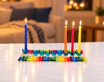 Rainbow Fused Glass Hanukkah Menorah – Modern Judaica Gift