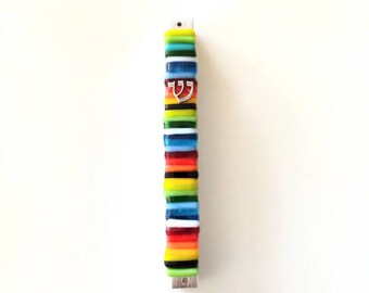 Rainbow mezuzah cover - Fused glass and aluminum mezuzah case - Jewish wedding gift - modern Judaica made in Israel - Jewish home decor