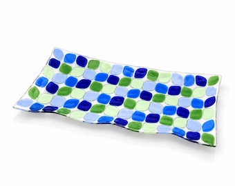 Large Handmade Fused Glass Serving Tray Blue Green Mosaic - Glass Platter - Shabbat table decor - Housewarming Wedding Gift - made in Israel