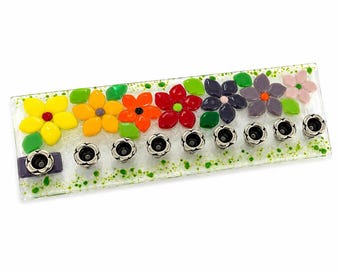 Rainbow Floral Fused Glass Hanukkah Menorah | Colorful Modern Chanukah Menorah | Handmade in Israel | Contemporary Judaica Gift