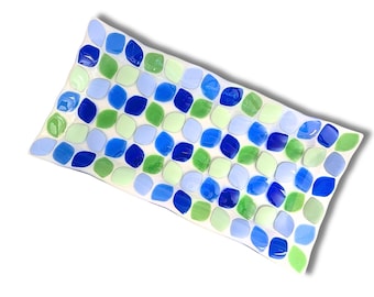 Large Handmade Fused Glass Serving Tray Blue Green Mosaic - Glass Platter - Shabbat table decor - Housewarming Wedding Gift - made in Israel