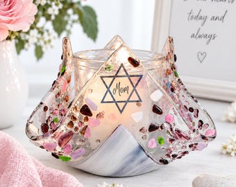 Pink and Rose Fused Glass Yahrzeit Candle Holder for Mom - Jewish Memorial Gift