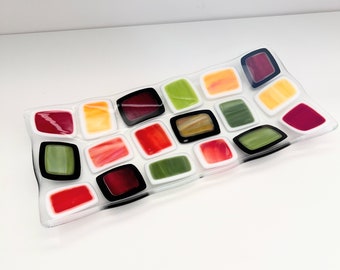 Fused Glass tray - retro glass platter - decorative coffee table centerpiece - home decor - challah  tray - hostess gift - rainbow colors