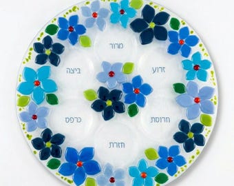 Seder plate for Passover - Fused glass spring floral Passover decor - Jewish wedding gift - traditional blue made in Israel
