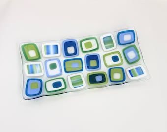 Rectangular fused glass platter - made in Israel - geometric pattern - ocean color - engagement gift - hostess gift - challa tray - judaica